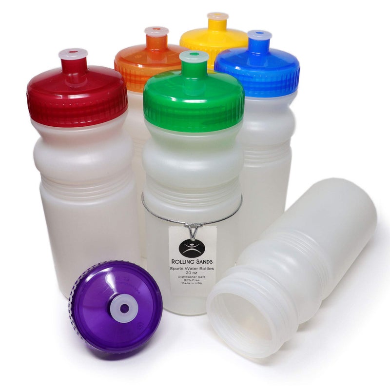 Rolling Sands USA Made 20 Ounce Sports Water Bottles - 6-Pack BPA-Free Blank Sports Bottles for Small Teams, Adults & Kids - Clear Frost Bottle/Rainbow Lid, No Smell No Taste - Image 1